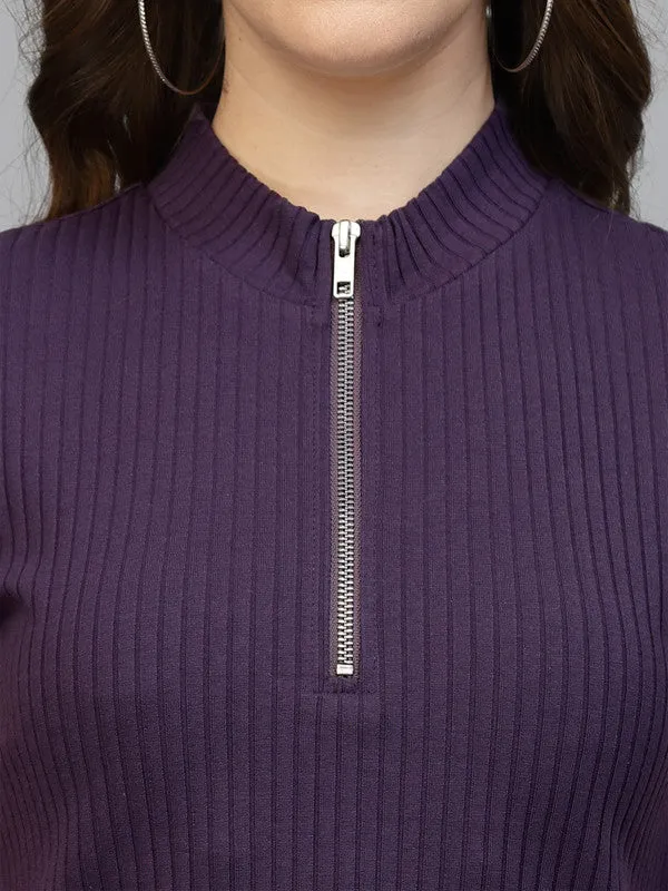 Zip Front Ribbed Crop Top For Women