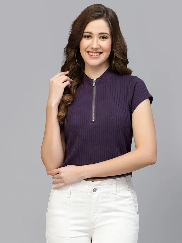 Zip Front Ribbed Crop Top For Women