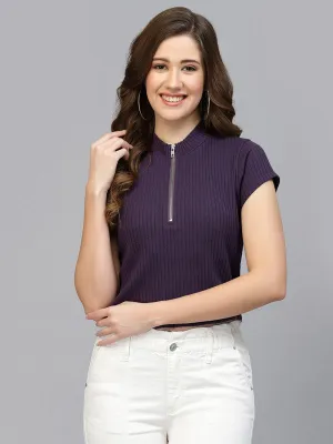Zip Front Ribbed Crop Top For Women