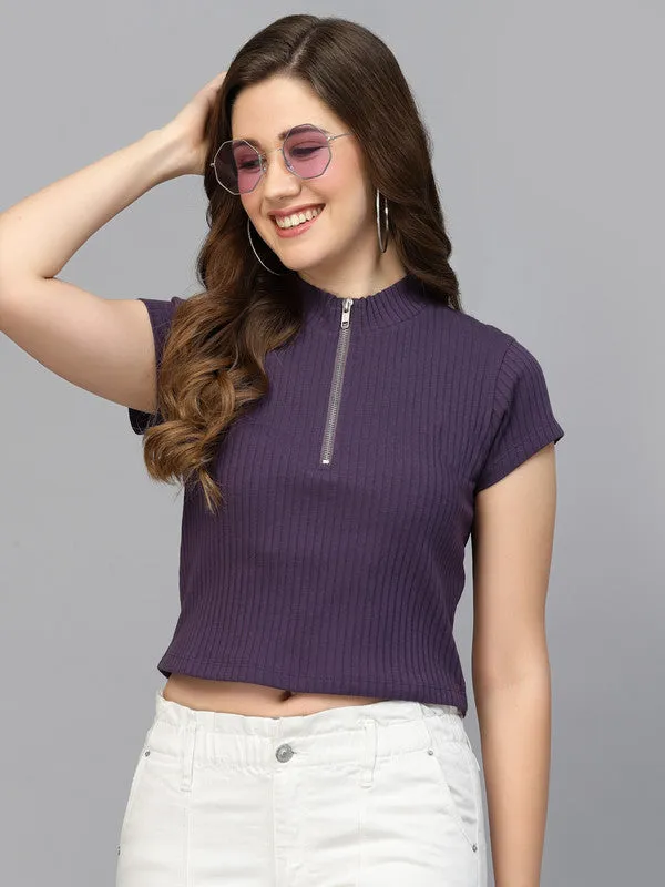 Zip Front Ribbed Crop Top For Women