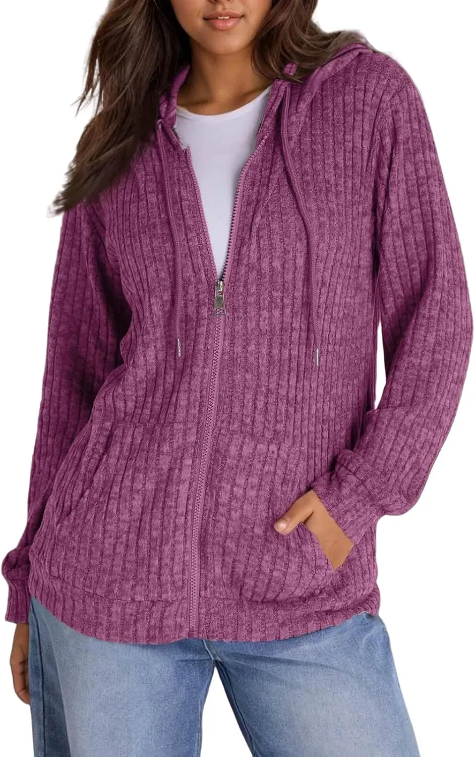 Zip Up Hoodie Women Knitted Lightweight Sweaters Workout Oversized Sweatshirt Open Front Cardigan with Pockets