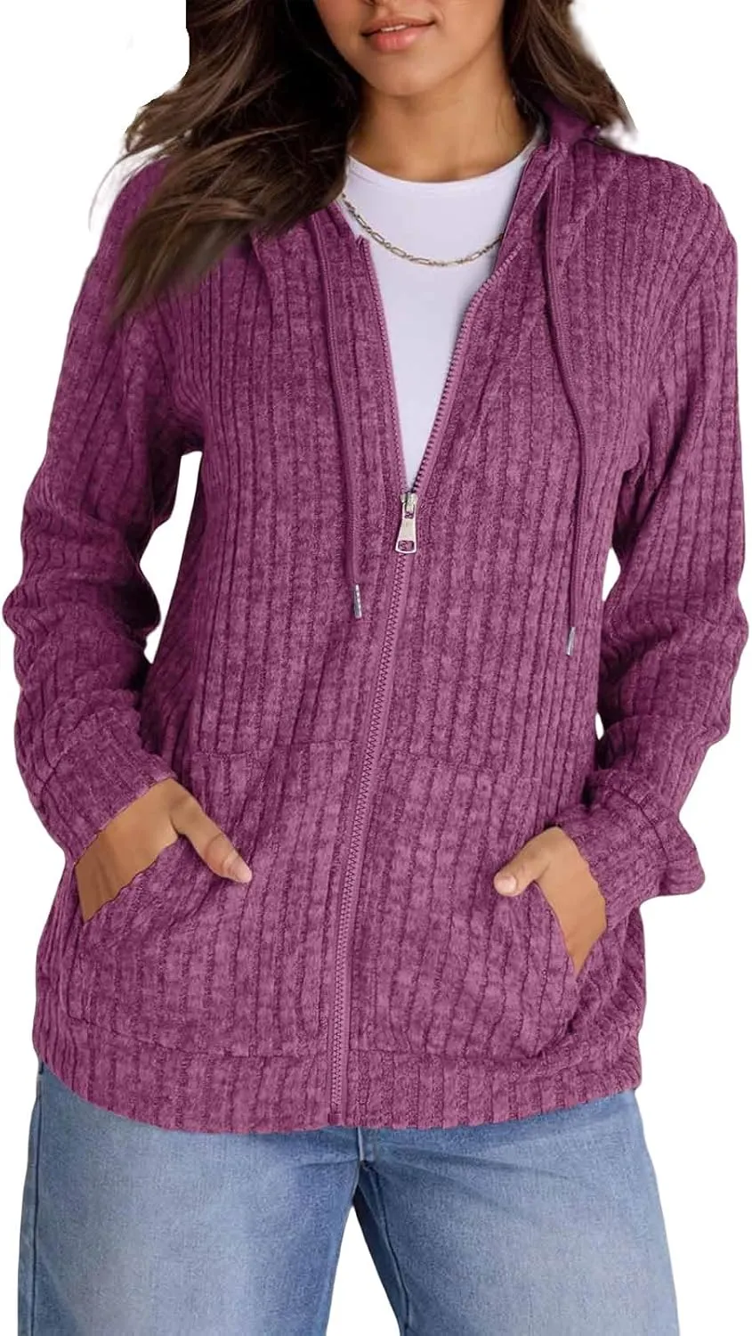 Zip Up Hoodie Women Knitted Lightweight Sweaters Workout Oversized Sweatshirt Open Front Cardigan with Pockets