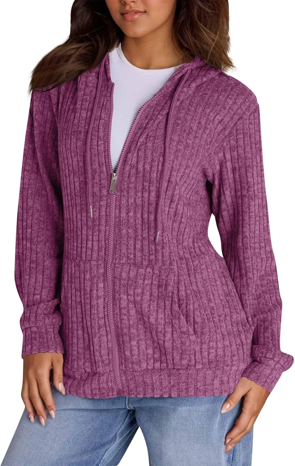 Zip Up Hoodie Women Knitted Lightweight Sweaters Workout Oversized Sweatshirt Open Front Cardigan with Pockets